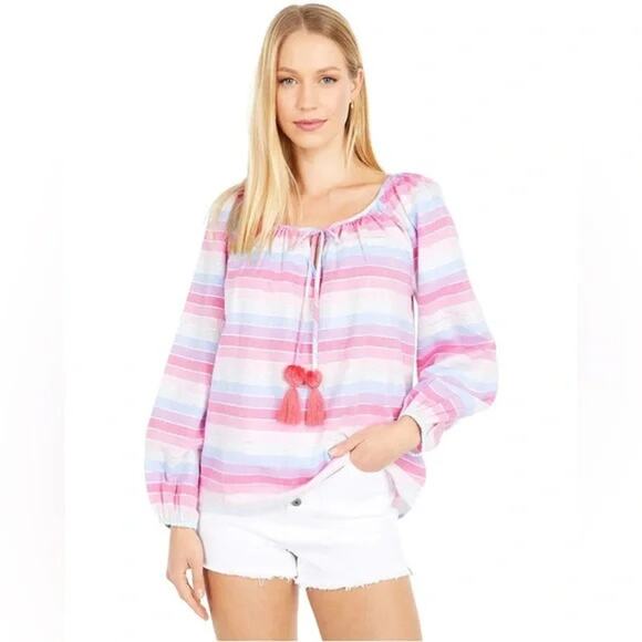 J. Crew Peasant Top in Metallic Pastel Stripe Pink Purple Size Small New - Picture 14 of 14